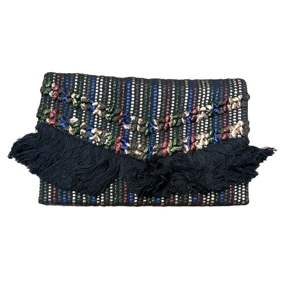 Stella and Dot Handwoven Boho Chic Fringe Foldover Clutch Purse With Multicolor - Picture 2 of 8